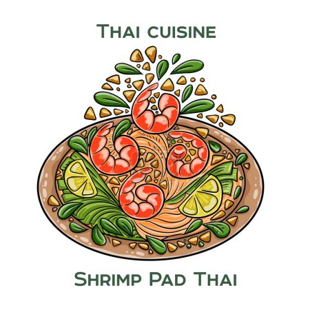 Comida tradicional tailandesa. Almohadilla de camarones tailandesa sobre fondo blanco. Ilustración vectorial aislada.