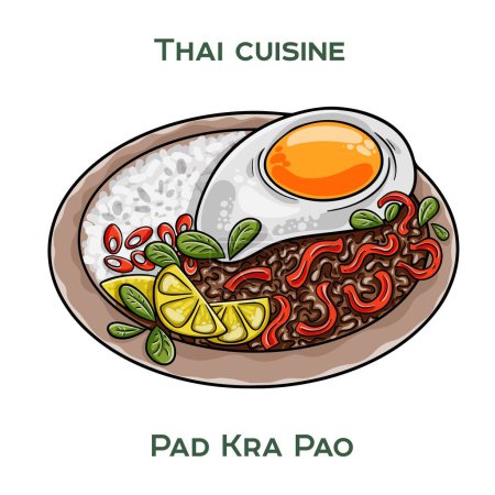 Traditionelle thailändische Küche. Pad Kra Pao auf weißem Hintergrund. Isolierte Vektorillustration.