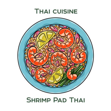 Traditional Thai food. Shrimp Pad Thai on white background. Isolated vector illustration.