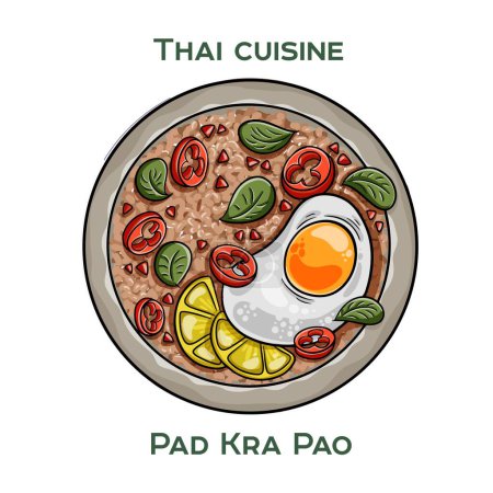 Traditionelle thailändische Küche. Pad Kra Pao auf weißem Hintergrund. Isolierte Vektorillustration.
