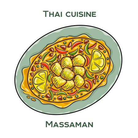 Traditional Thai food. Massaman on white background. Isolated vector illustration.
