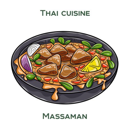 Cuisine traditionnelle thaïlandaise. Massaman sur fond blanc. Illustration vectorielle isolée.