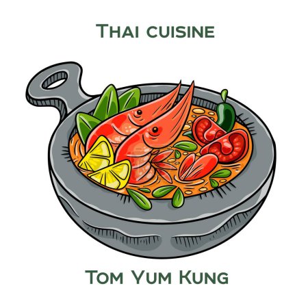 Traditionelle thailändische Küche. Tom Yum Kung auf weißem Hintergrund. Isolierte Vektorillustration.