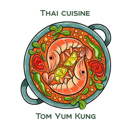 Traditional Thai food. Tom Yum Kung on white background. Isolated vector illustration.