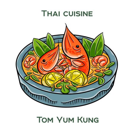 Cuisine traditionnelle thaïlandaise. Tom Yum Kung sur fond blanc. Illustration vectorielle isolée.