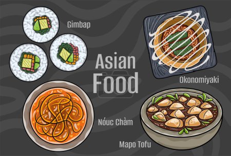Ilustración de Popular comida asiática ilustraciones: dibujado a mano & Vector. - Imagen libre de derechos