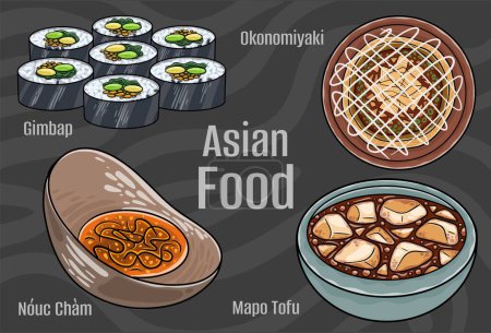 Téléchargez les illustrations : Art vectoriel alimentaire asiatique : dessiné à la main. - en licence libre de droit