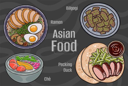 Téléchargez les illustrations : Art vectoriel alimentaire asiatique : dessiné à la main. - en licence libre de droit