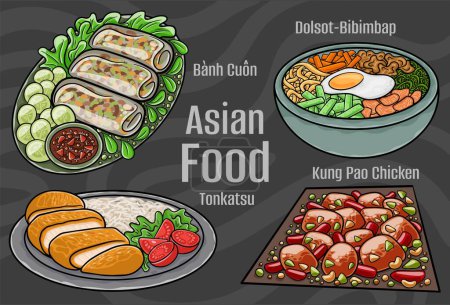 Illustrations alimentaires asiatiques : dessinées à la main et vectorielles.