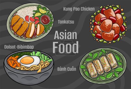 Illustrations alimentaires asiatiques : dessinées à la main et vectorielles.