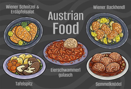 Conjunto de cocina nacional austriaca popular. Ilustración vectorial dibujada a mano sobre un fondo oscuro.