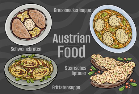 Beliebte Österreichische Nationalküche Set vorhanden. Handgezeichnete Vektorillustration auf dunklem Hintergrund.