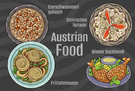 Ilustración de Conjunto de cocina nacional austriaca popular. Ilustración vectorial dibujada a mano sobre un fondo oscuro. - Imagen libre de derechos