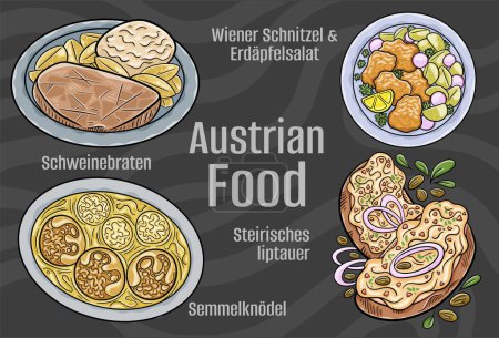 Ilustración de Conjunto de cocina nacional austriaca popular. Ilustración vectorial dibujada a mano sobre un fondo oscuro. - Imagen libre de derechos