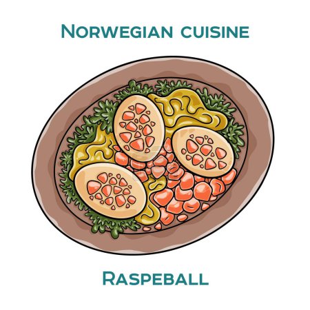 Ilustración de Un plato tradicional noruego que consiste en albóndigas de patata servidas con mantequilla derretida, azúcar y canela. - Imagen libre de derechos