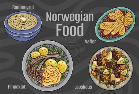 A collection of hand-drawn vector illustrations showcasing iconic Norwegian dishes on a dark background.