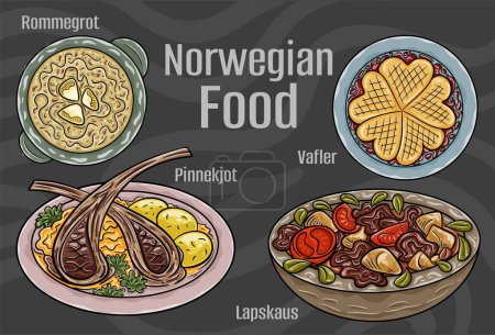 Ilustración de Una colección de ilustraciones vectoriales dibujadas a mano que muestran platos icónicos noruegos sobre un fondo oscuro. - Imagen libre de derechos