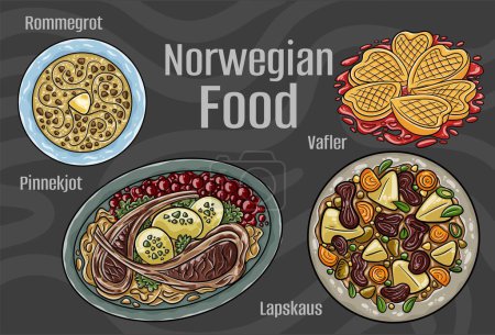 Ilustración de Una deliciosa variedad de delicias culinarias noruegas presentadas en un conjunto de ilustraciones vectoriales dibujadas a mano sobre un telón de fondo oscuro - Imagen libre de derechos