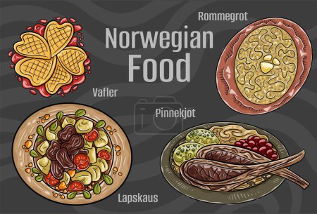 Ilustración de Una deliciosa variedad de delicias culinarias noruegas presentadas en un conjunto de ilustraciones vectoriales dibujadas a mano sobre un telón de fondo oscuro - Imagen libre de derechos