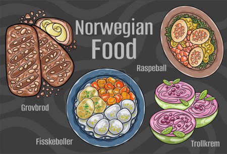 Ilustración de Un conjunto visualmente atractivo de ilustraciones vectoriales dibujadas a mano con cocina tradicional noruega sobre un fondo oscuro. - Imagen libre de derechos