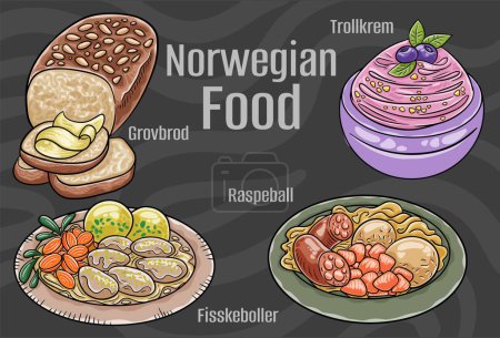 A collection of hand-drawn vector illustrations depicting the rich culinary heritage of Norway, set against a dark background