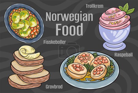 Ilustración de Una colección de ilustraciones vectoriales dibujadas a mano que representan la rica herencia culinaria de Noruega, sobre un fondo oscuro - Imagen libre de derechos