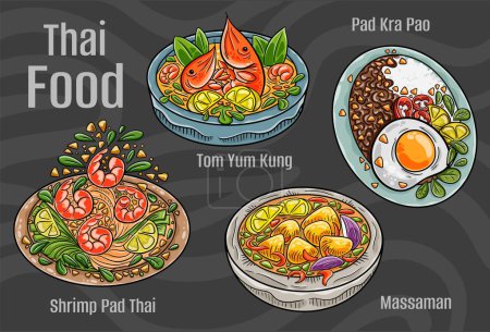 Cuisine populaire thaïlandaise. Un ensemble de plats classiques. Illustration dessinée à la main.