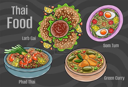 Thailändisches Volksessen. Eine Reihe klassischer Gerichte. Handgezeichnete Karikatur.