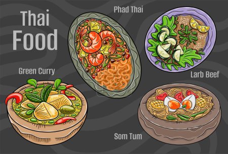 Téléchargez les illustrations : Cuisine populaire thaïlandaise. Un ensemble de plats classiques. Illustration dessinée à la main. - en licence libre de droit