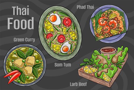 Téléchargez les illustrations : Cuisine populaire thaïlandaise. Un ensemble de plats classiques. Illustration dessinée à la main. - en licence libre de droit