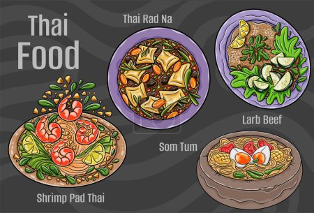 Thai popular food. A set of classic dishes. Cartoon hand drawn illustration.