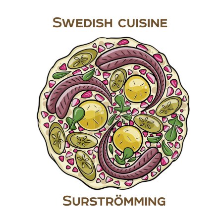 Surstromming ist eine berüchtigte schwedische Delikatesse, die aus fermentiertem Ostseehering besteht. Handgezeichnete Vektorillustration