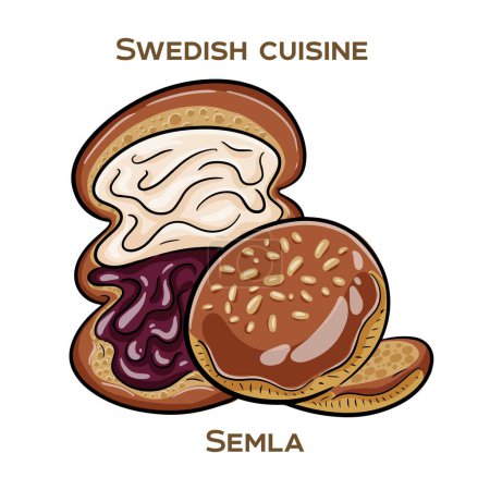 Semla ist ein traditionelles schwedisches süßes Brötchen, das mit Mandelpaste und Schlagsahne gefüllt ist. Handgezeichnete Vektorillustration