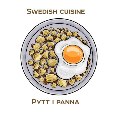 Pytt i Panna is a classic Swedish dish, featuring diced potatoes, onions and meat. Hand-drawn vector illustration