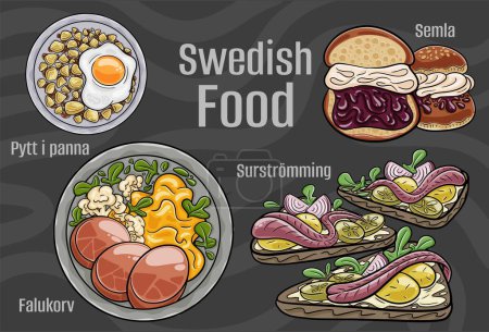 Beliebte schwedische Nationalküche vorhanden. Handgezeichnete Vektorillustration auf dunklem Hintergrund.