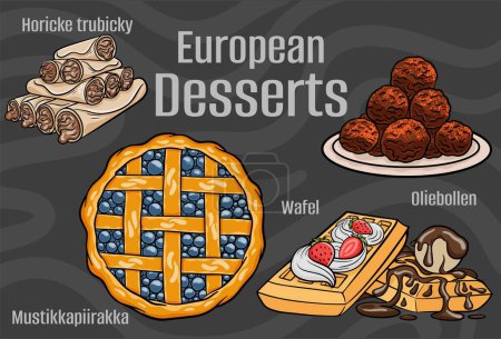 Téléchargez les illustrations : Desserts populaires et sucreries des cuisines européennes. Illustration vectorielle dessinée à la main - en licence libre de droit