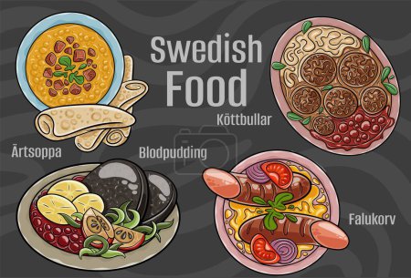 Ensemble de cuisine nationale suédoise populaire. Illustration vectorielle dessinée à la main sur un fond sombre.