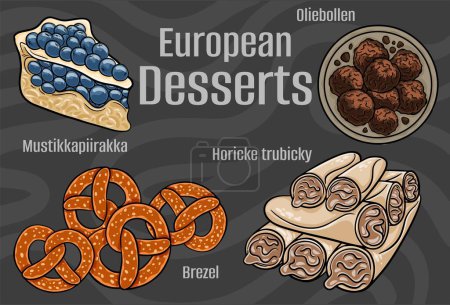 Popular desserts and sweets of European cuisines. Hand-drawn vector illustration