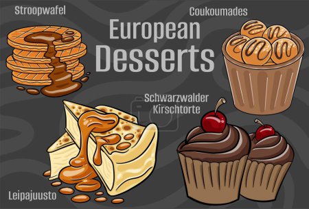Desserts populaires et sucreries des cuisines européennes. Illustration vectorielle dessinée à la main