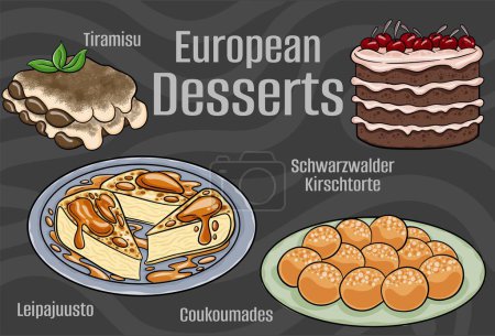 Desserts populaires et sucreries des cuisines européennes. Illustration vectorielle dessinée à la main