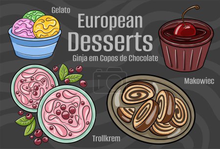 Populares postres y dulces de cocina europea. Ilustración vectorial dibujada a mano