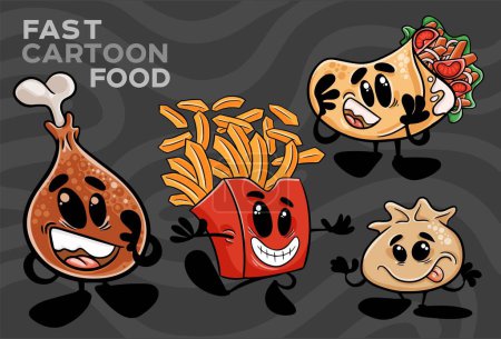 Eine Reihe von Fast-Food-Zeichentrickfiguren. Handgezeichnete Vektorillustration