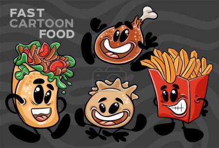 Illustration for A set of fast-food cartoon characters. Hand-drawn vector illustration - Royalty Free Image
