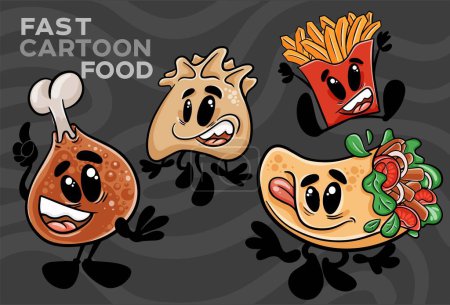 Illustration for A set of fast-food cartoon characters. Hand-drawn vector illustration - Royalty Free Image