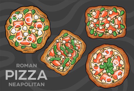  Philadelphia pizza with salmon, shrimps, tomatoes, mozzarella, capers, Philadelphia cheese. Hand-drawn vector illustration
