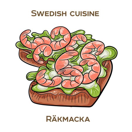 Ilustración de Rakmacka. Un clásico sándwich sueco de cara abierta con una generosa porción de suculentos camarones o langostinos servidos en una rebanada de pan con mantequilla. Ilustración vectorial dibujada a mano - Imagen libre de derechos