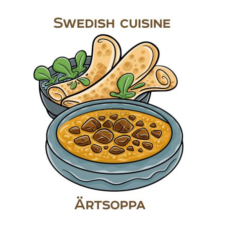 Artsoppa ist eine herzhafte gelbe Erbsensuppe, die traditionell mit dünnen, herzhaften Pfannkuchen als beruhigende und sättigende Mahlzeit serviert wird. Handgezeichnete Vektorillustration