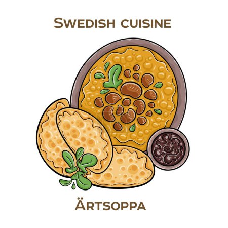 Artsoppa is a hearty yellow pea soup, traditionally served with thin, savory pancakes as a comforting and satisfying meal. Hand-drawn vector illustration
