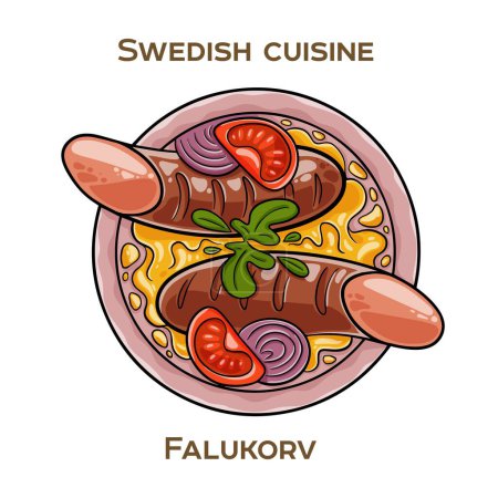 Falukorv ist eine beliebte schwedische Wurst, die aus einer Mischung aus Schweinefleisch, Rindfleisch oder Kalbfleisch hergestellt wird, leicht gewürzt mit Gewürzen wie weißem Pfeffer, Ingwer und Muskatnuss. Handgezeichnete Vektorillustration