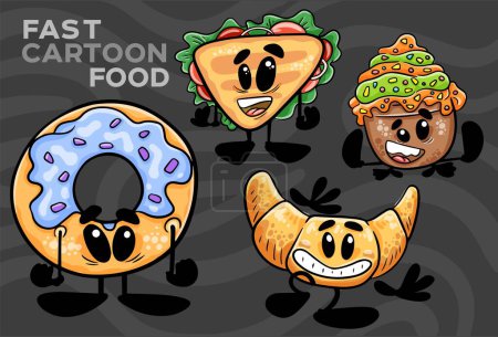 A set of fast-food cartoon characters. Hand-drawn vector illustration